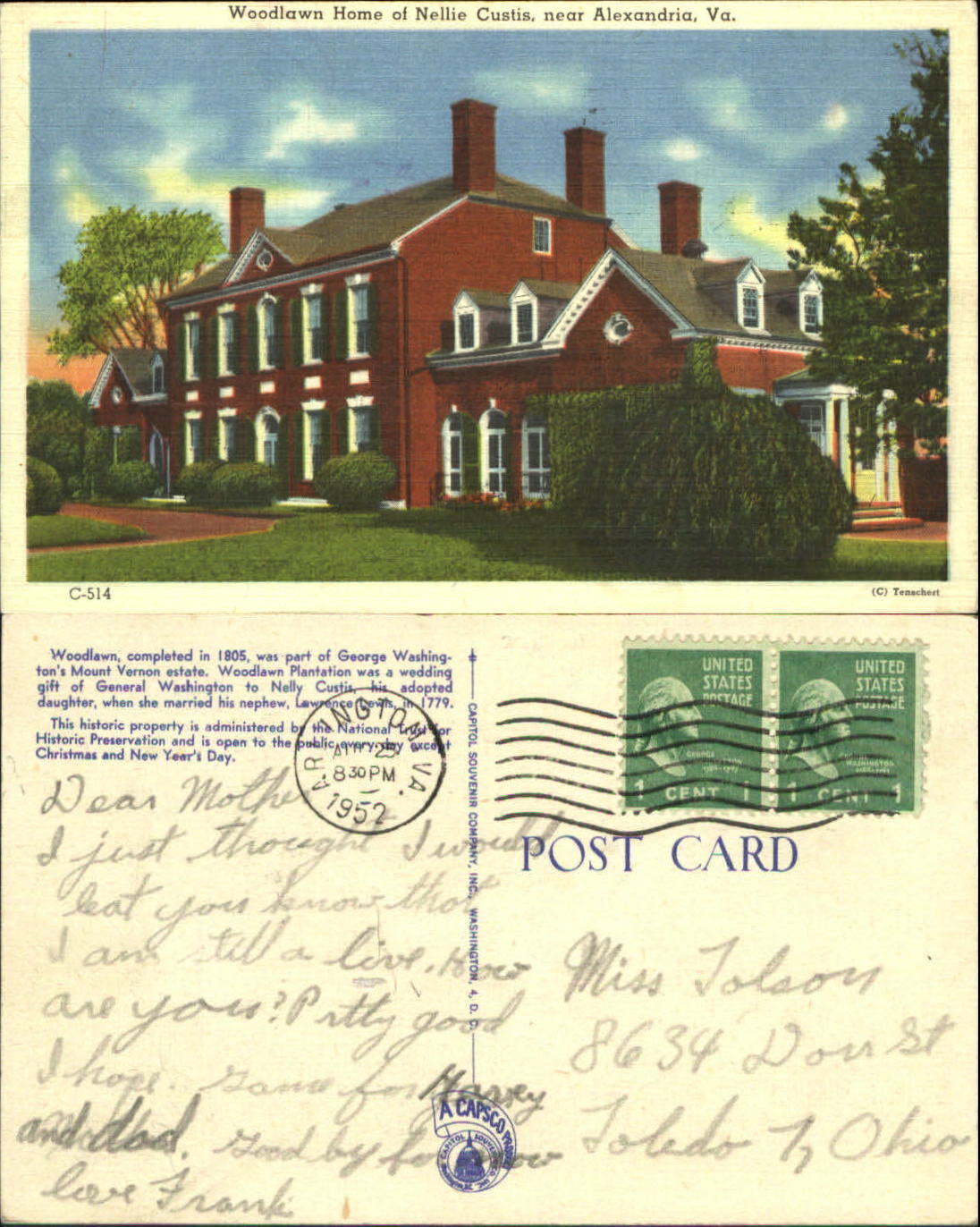 Woodlawn Home  of Nellie Custis near Alexandria Virginia VA mailed 1952