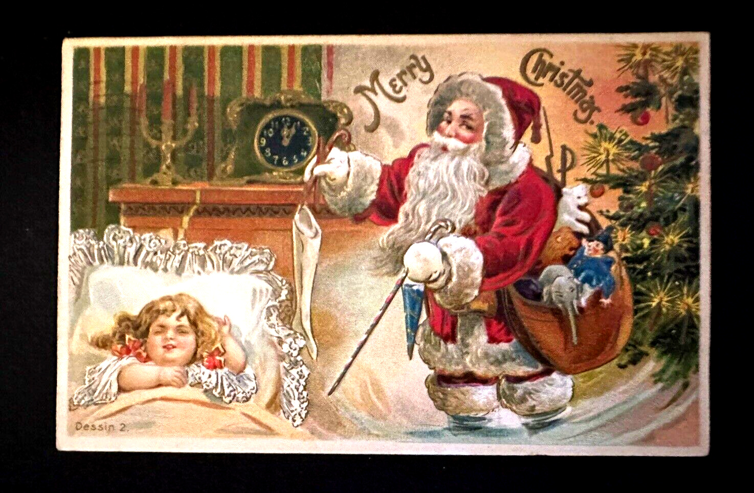 Santa Claus ~Sleeping Child~Toys~Tree~Clock~Antique Christmas Postcard~k418