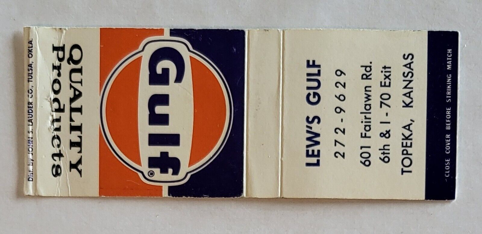Vintage Matchbook Cover....Lew\'s Gulf Gas Station in Topeka, Kansas