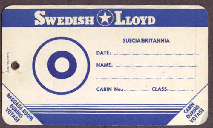 Swedish Lloyd Line S S Suecia / Britannia baggage tag 1950s
