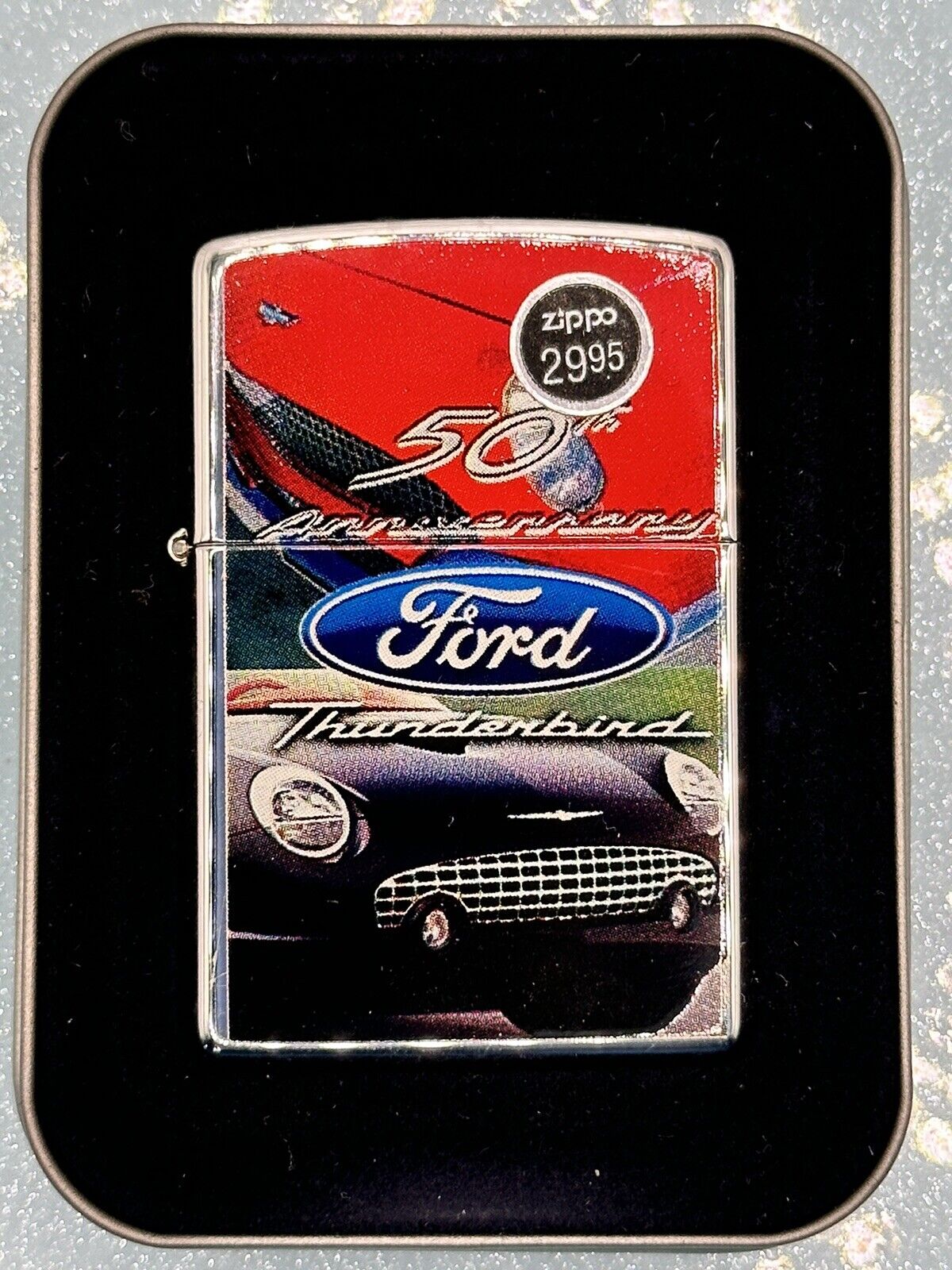 Vintage 2004 Ford Thunderbird 50th Anniversary High Polish Chrome Zippo Lighter