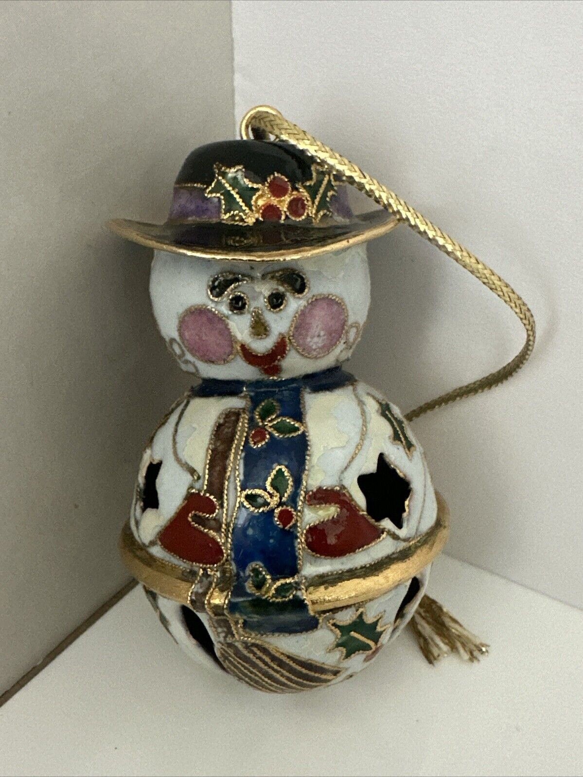VTG Cloisonne Cute Snowman Bell Christmas Ornament Hanging Enamel 3.5\