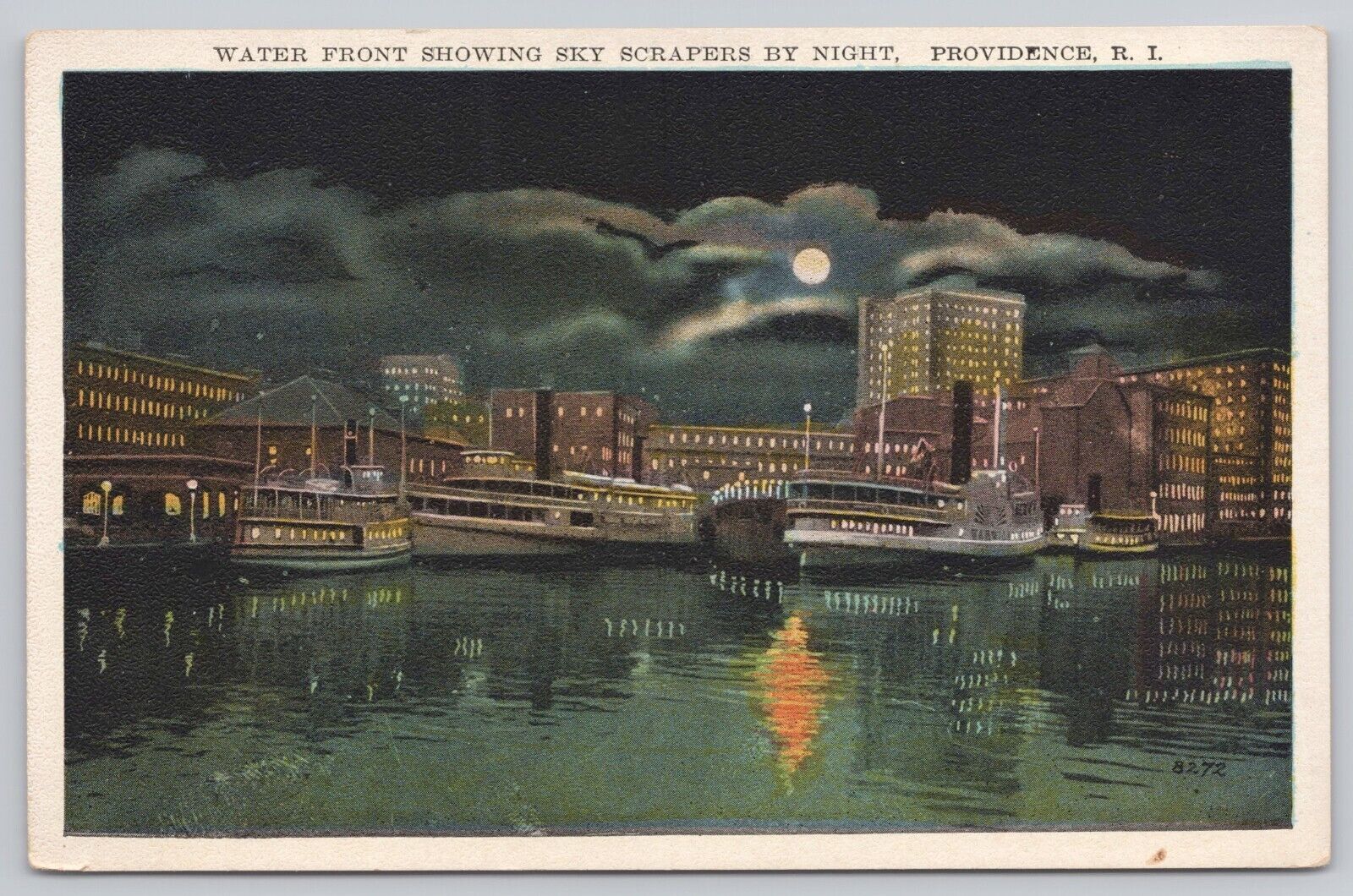 Providence Rhode Island, Waterfront Skyline Steamers Night Lights, VTG Postcard