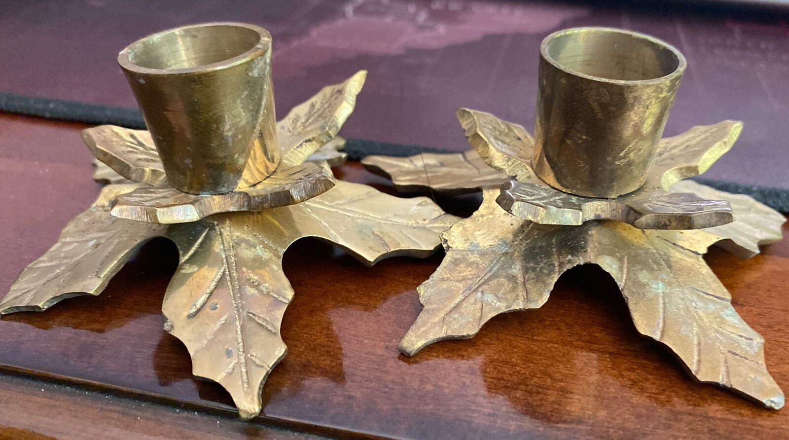 2 Vintage Christmas Brass Poinsettia Holly Leaf Candle Stick Holders