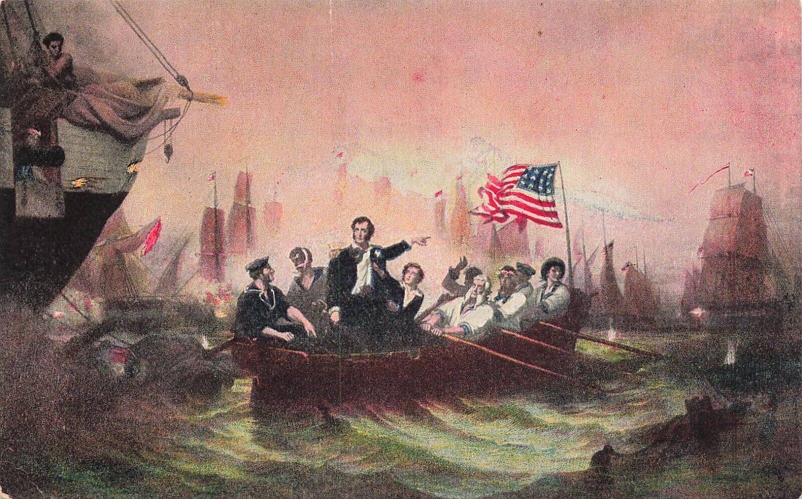 Postcard ~ 1813 Battle of Lake Erie, Commodore Perry Transferring His Colors
