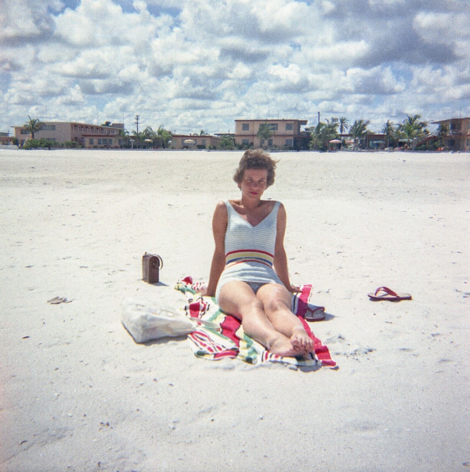 Short-Haired Striped Beach Girl Photo 1950s Barefoot Sunbathing Found Snapshot