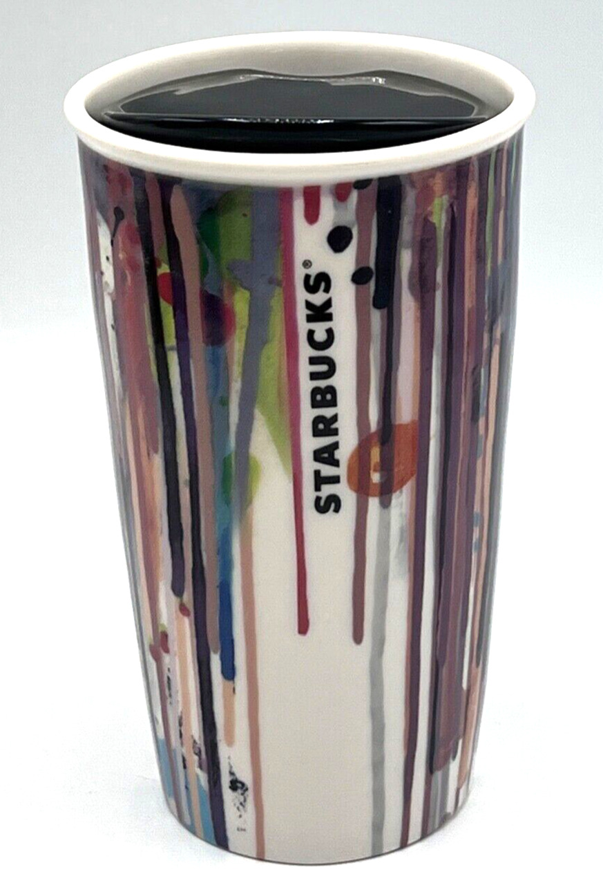 STARBUCKS 2015 Paint Drip Stripes 12oz Ceramic Travel Tumbler Mug Coffee Painted