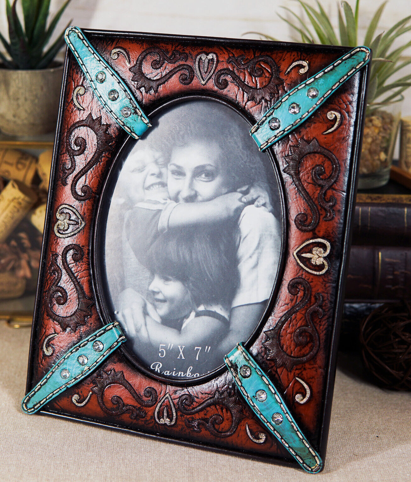 Western Floral Lace Turquoise Belt Faux Tooled Leather Easel Picture Frame 5\