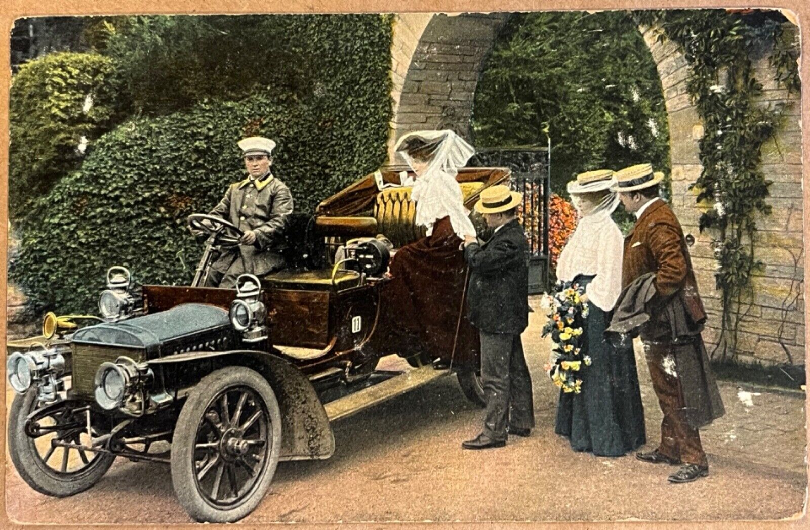 People Boarding an Old Car with Chauffeur VTG Automobile Fashion Postcard 1907