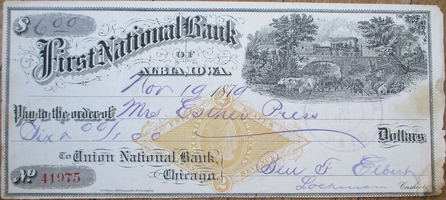 First National Bank of Albia, IA 1879 Check, Imprinted Revenue, Iowa Railroad RR