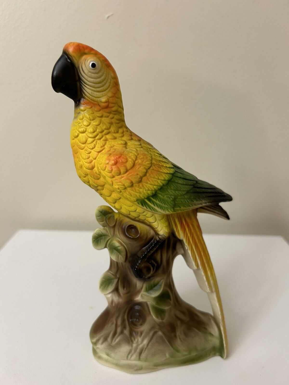 Vintage 8” Parrot Ceramic Green Orange Yellow Bird Branch Figurine Vibrant Japan
