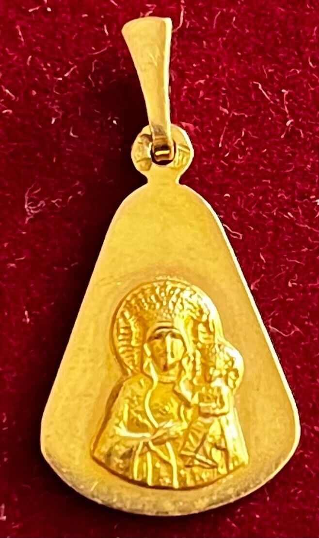 14K Yellow Gold Our Lady Czestochowa Virgin Mary Medal Pendant