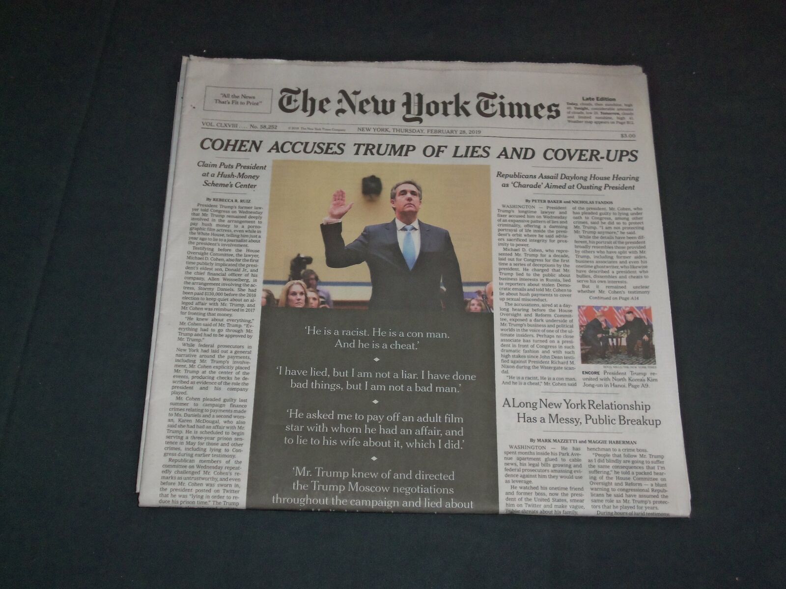 2019 FEBRUARY 28 NEW YORK TIMES - COHEN ACCUSES TRUMP OF LIES AND COVER-UPS
