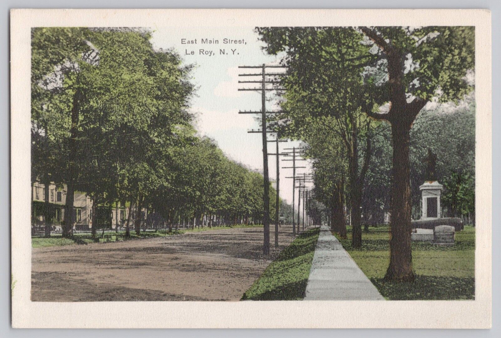 Postcard Le Roy New York NY East Main Street Power Poles Civil War Memorial