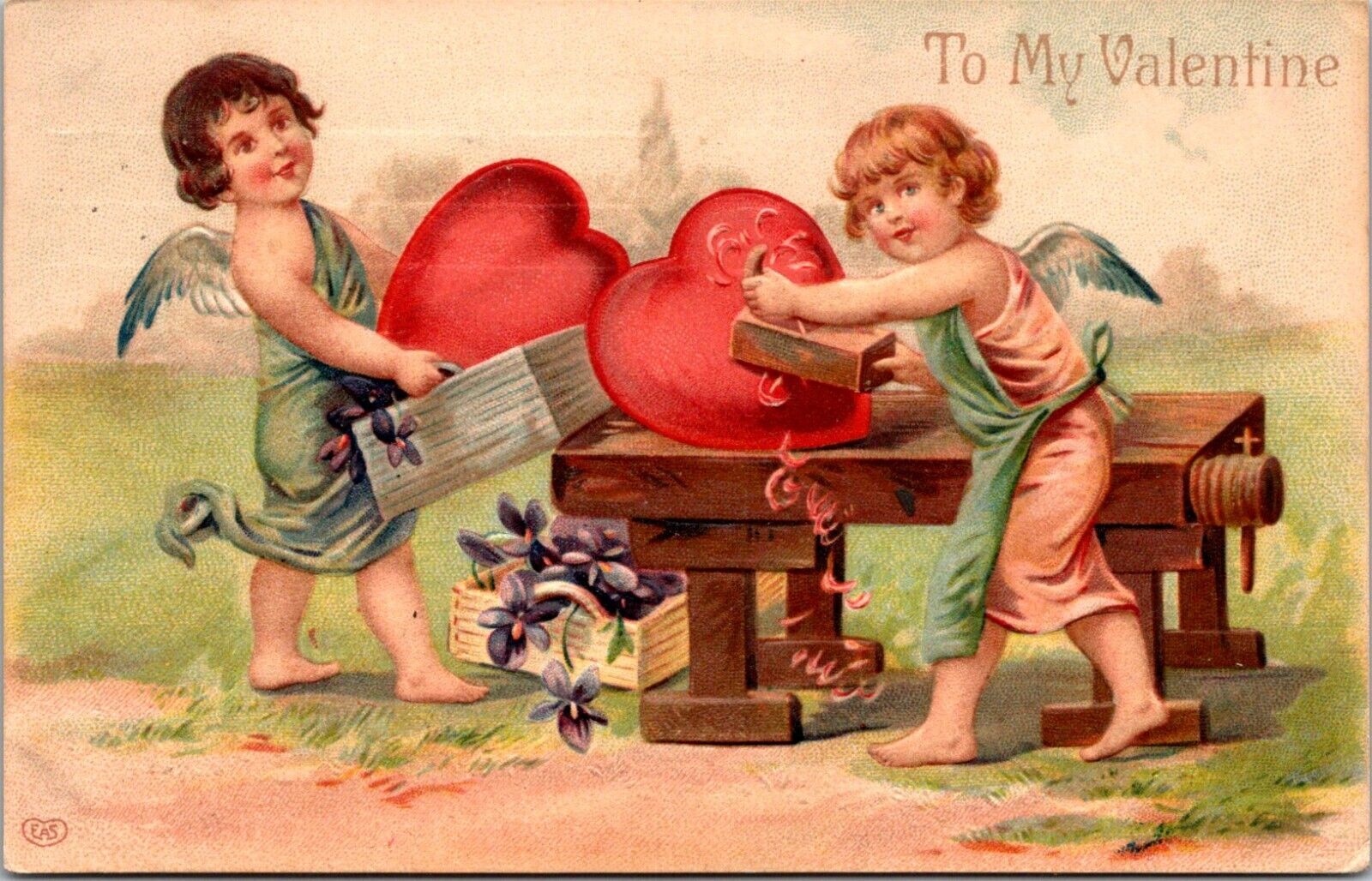 To My Valentine Embossed Cupids with Hearts Postcard