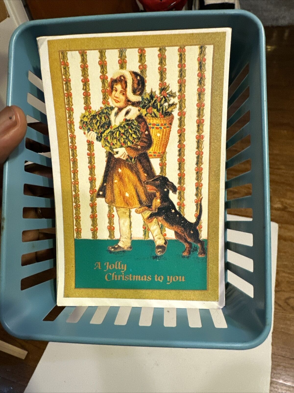 c1985 Christmas Postcard Dog & Girl Unposted NOS