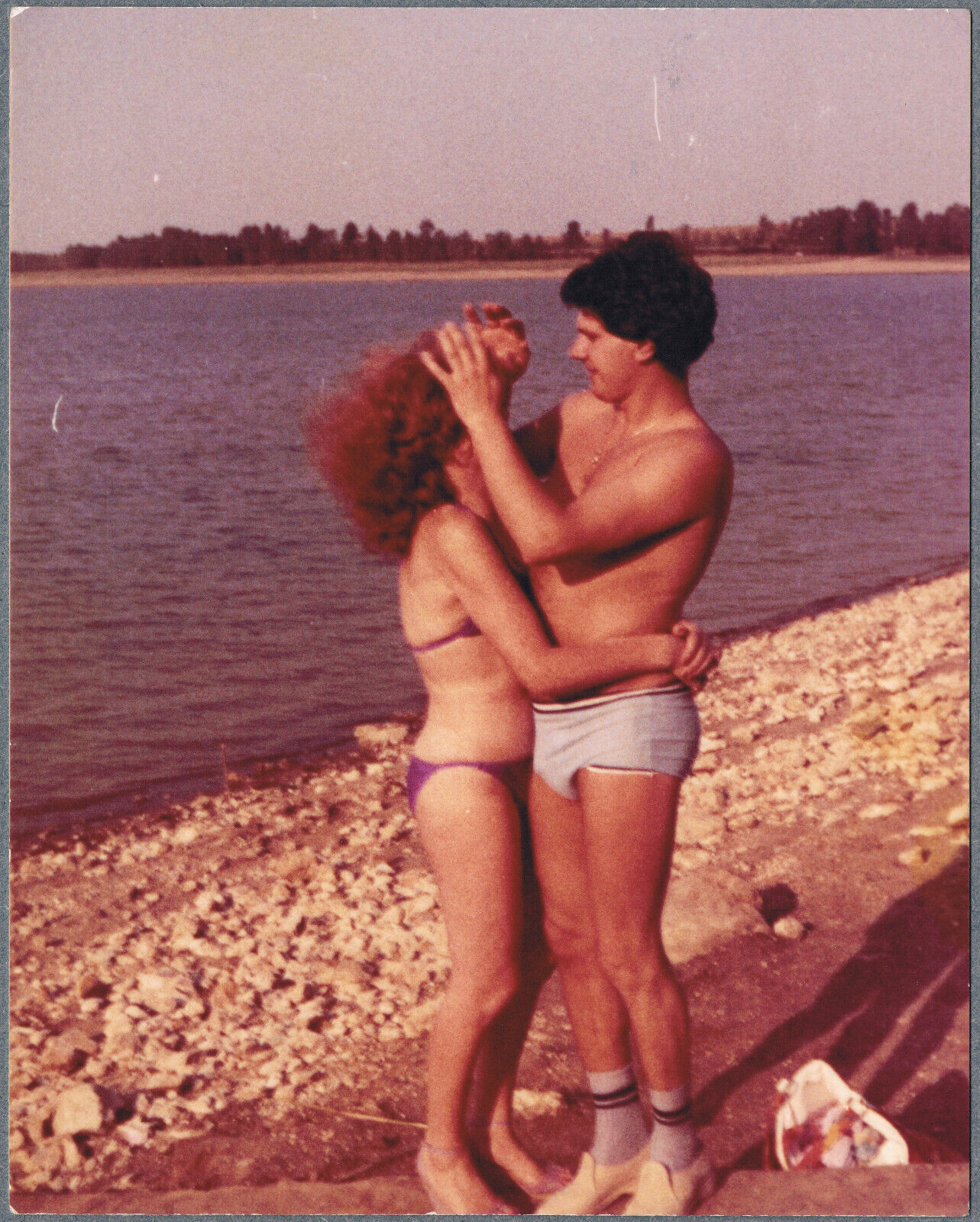 1980s Shirtless Guy Trunks Bulge Beefcake Man Pretty Girl In Bikini Vtg Photo