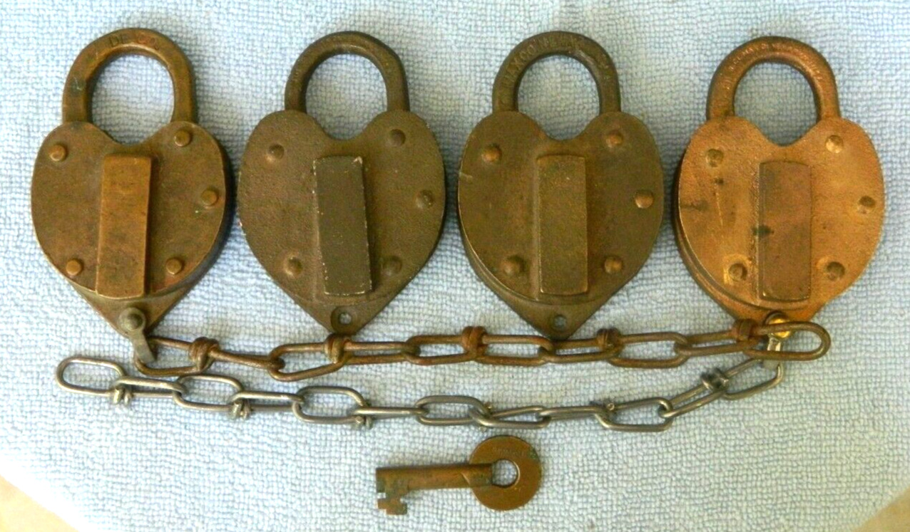 Lot of (4) Vintage Detroit Edison Brass Padlocks + 1  key (Keyed Alike), Climax
