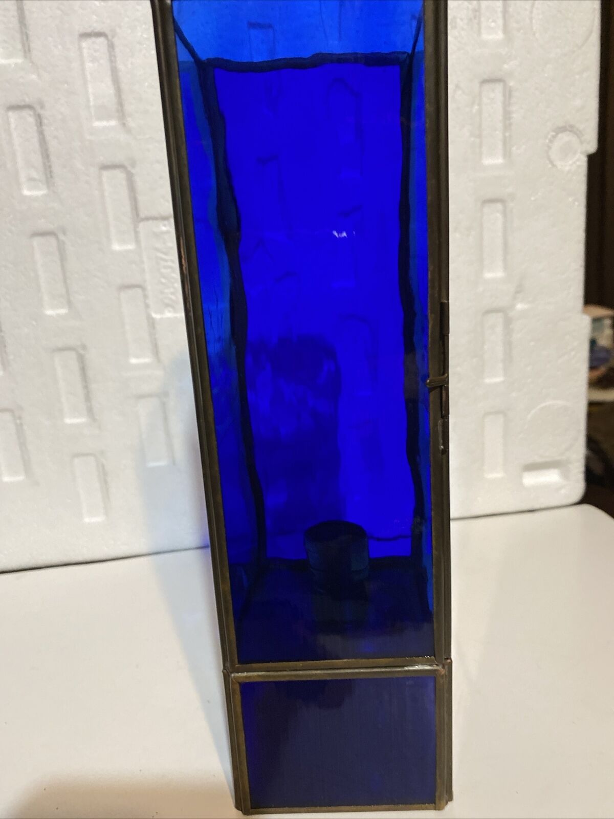 Vitg. Brass/Copper Etched With Ship Cobalt Blue Candlestick Holder Lantern 10” T