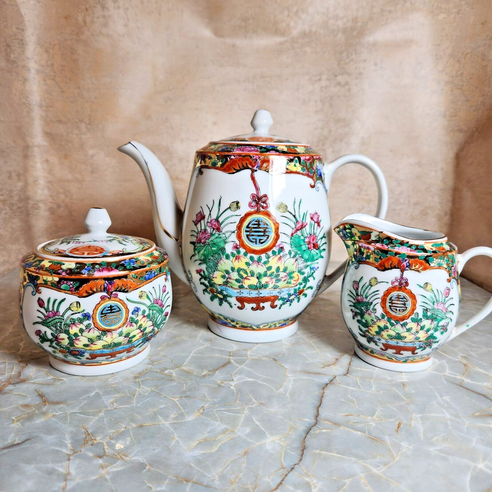 Antique 3 Piece Chinese Famille Rose Medallion Tea Set Teapot Sugar Creamer
