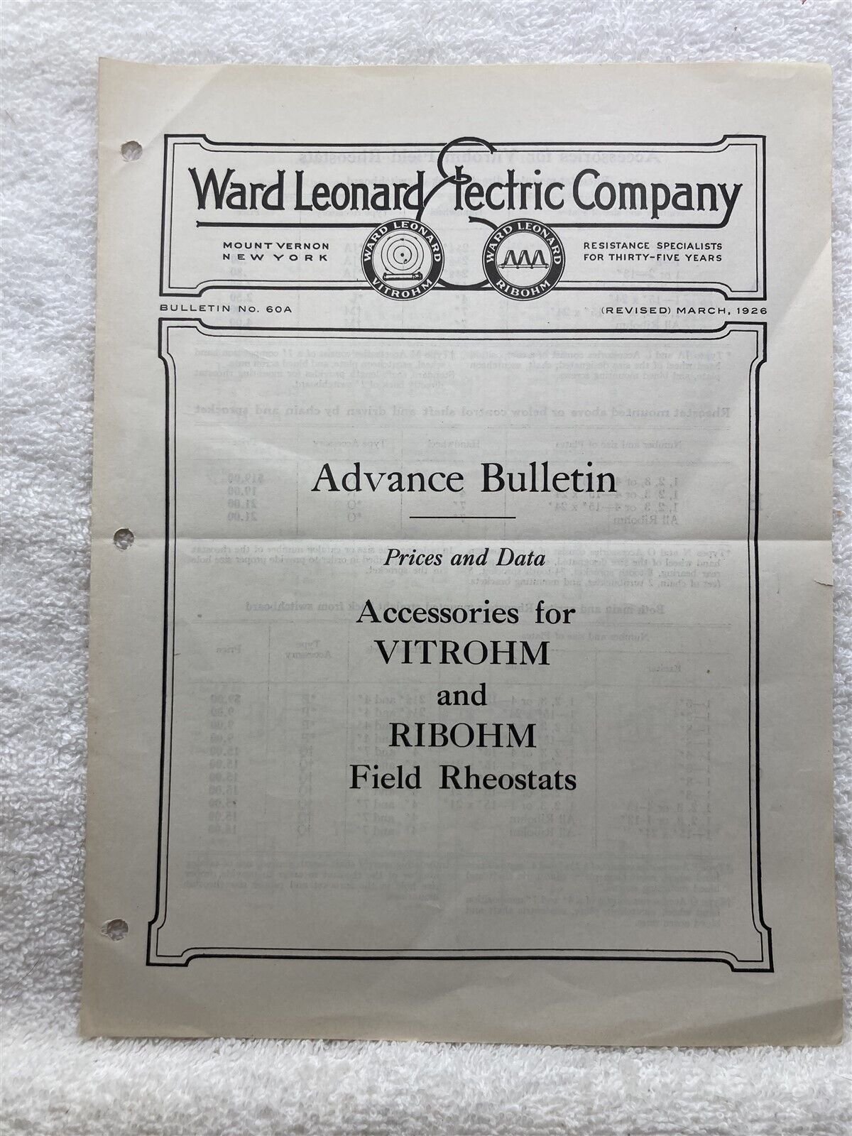 1926 Ward Leonard Electric Company Bulletin Vitrohm Ribohm Rheostats  Vtg