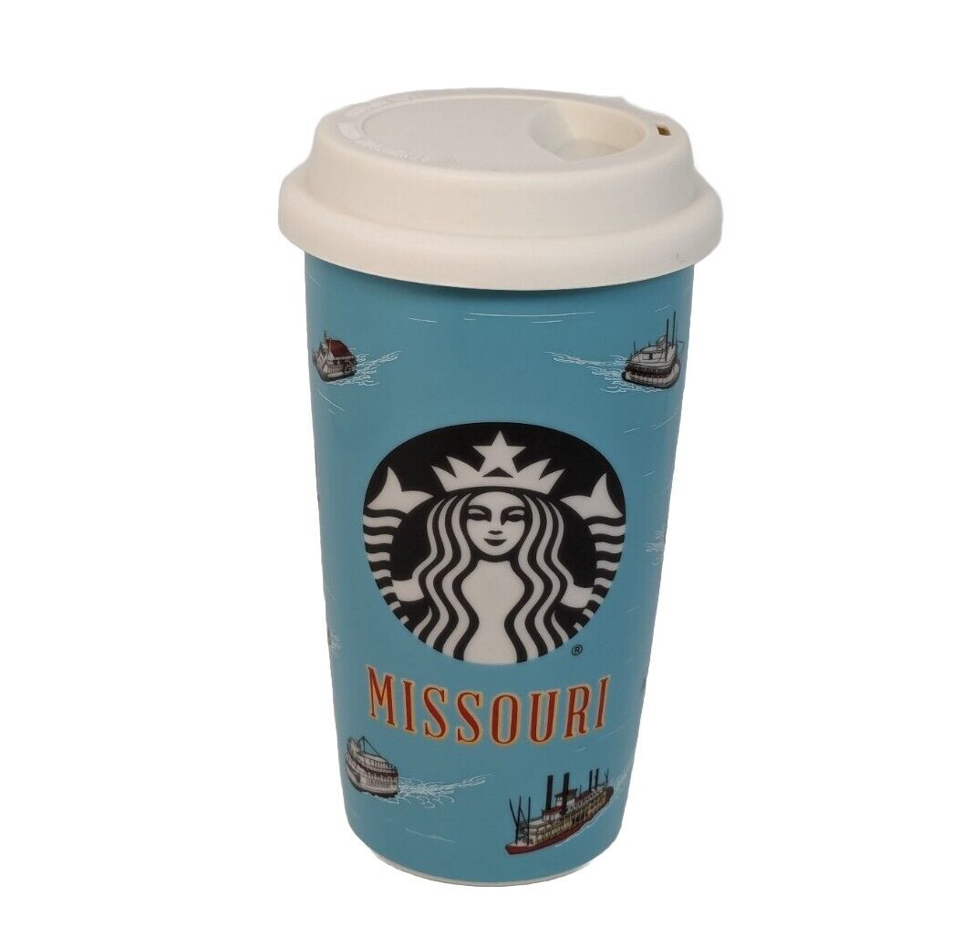 Starbucks Missouri Riverboat Blue Ceramic Tumbler 12oz 2016 Travel Cup with Lid