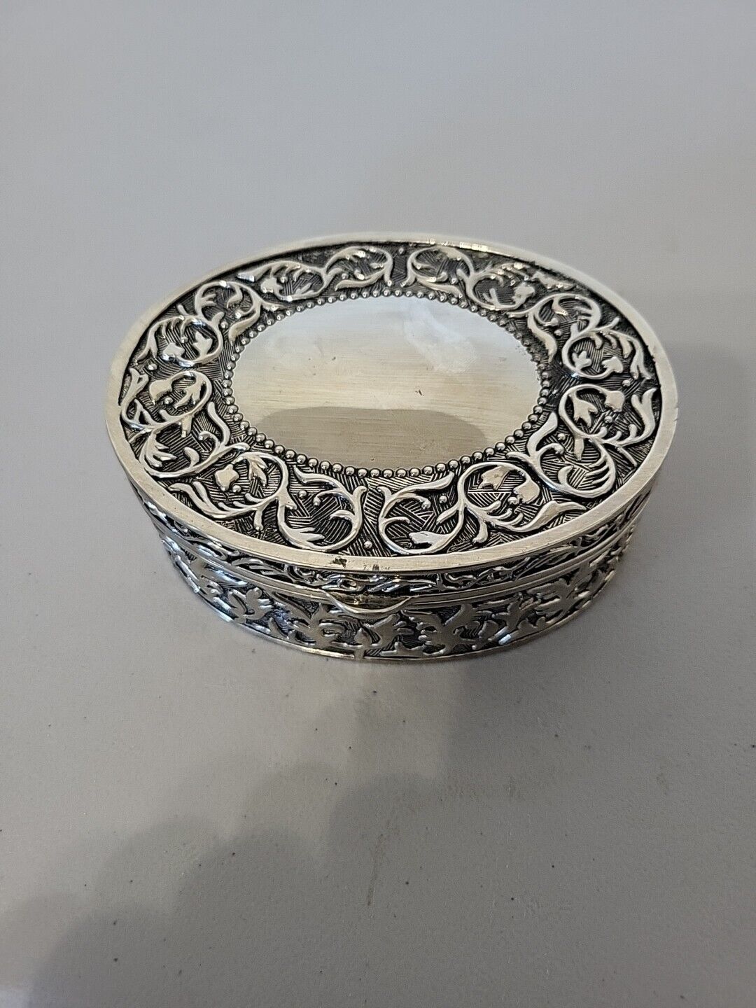 Vintage Silver Plated Metal Ornate Oval Trinket Box With Black Velvet Lining