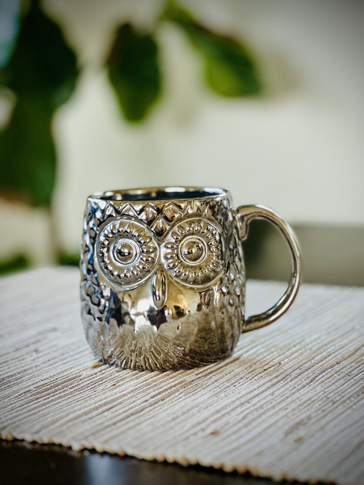 Silver Metallic Art Deco 3D Owl Mug