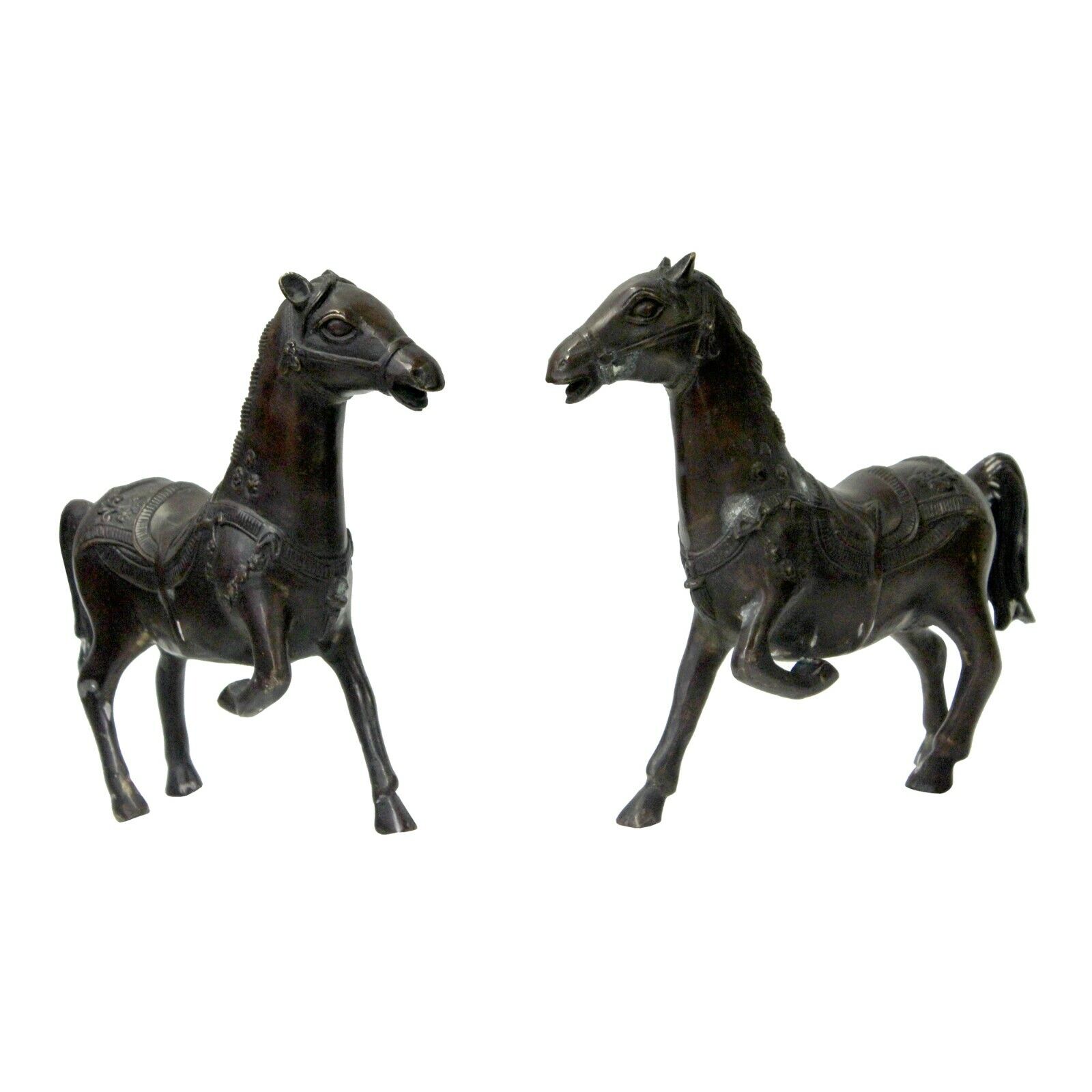 Pair Chinese Bronze Brown Metal Racing Horse Figures ws927