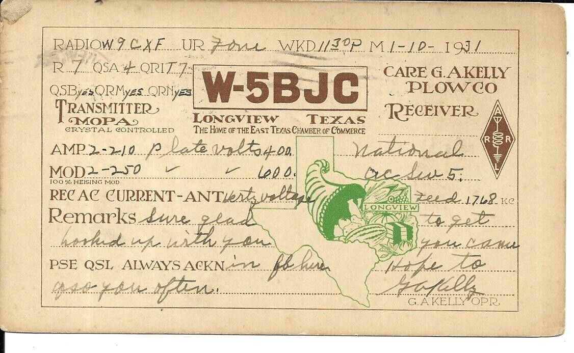 QSL 1931  Longview Texas  radio card
