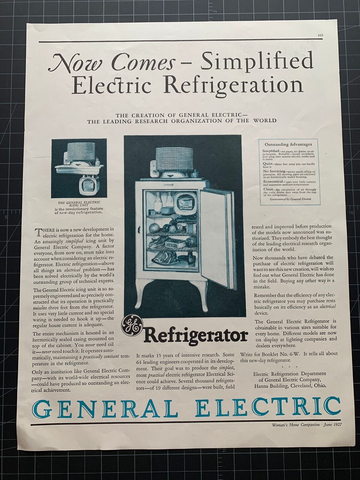 Vintage 1927 General Electric Refrigerator Print Ad