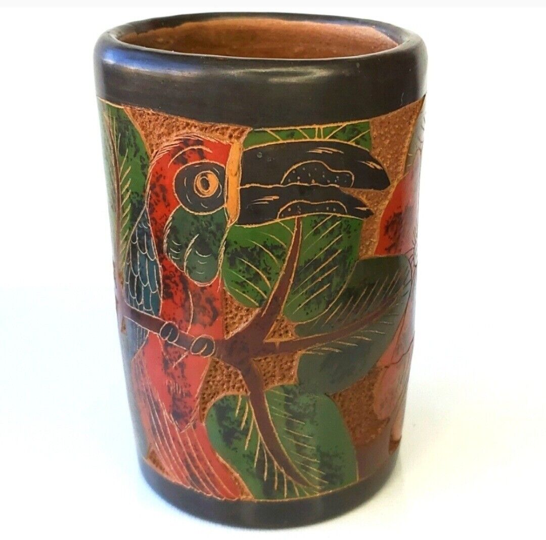 Tropical Handcarved Etched Toucan Hummingbird Nicaragua  Pottery Vase Signed 