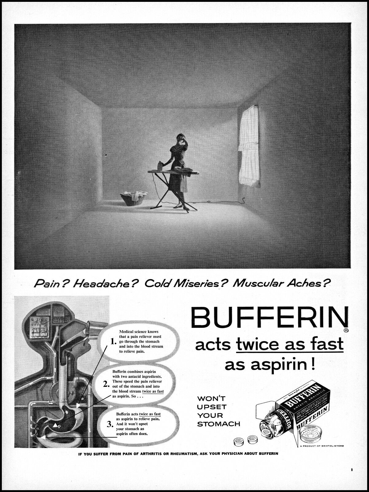 1957 Woman Ironing headache Bufferin pain reliever vintage photo print ad L56