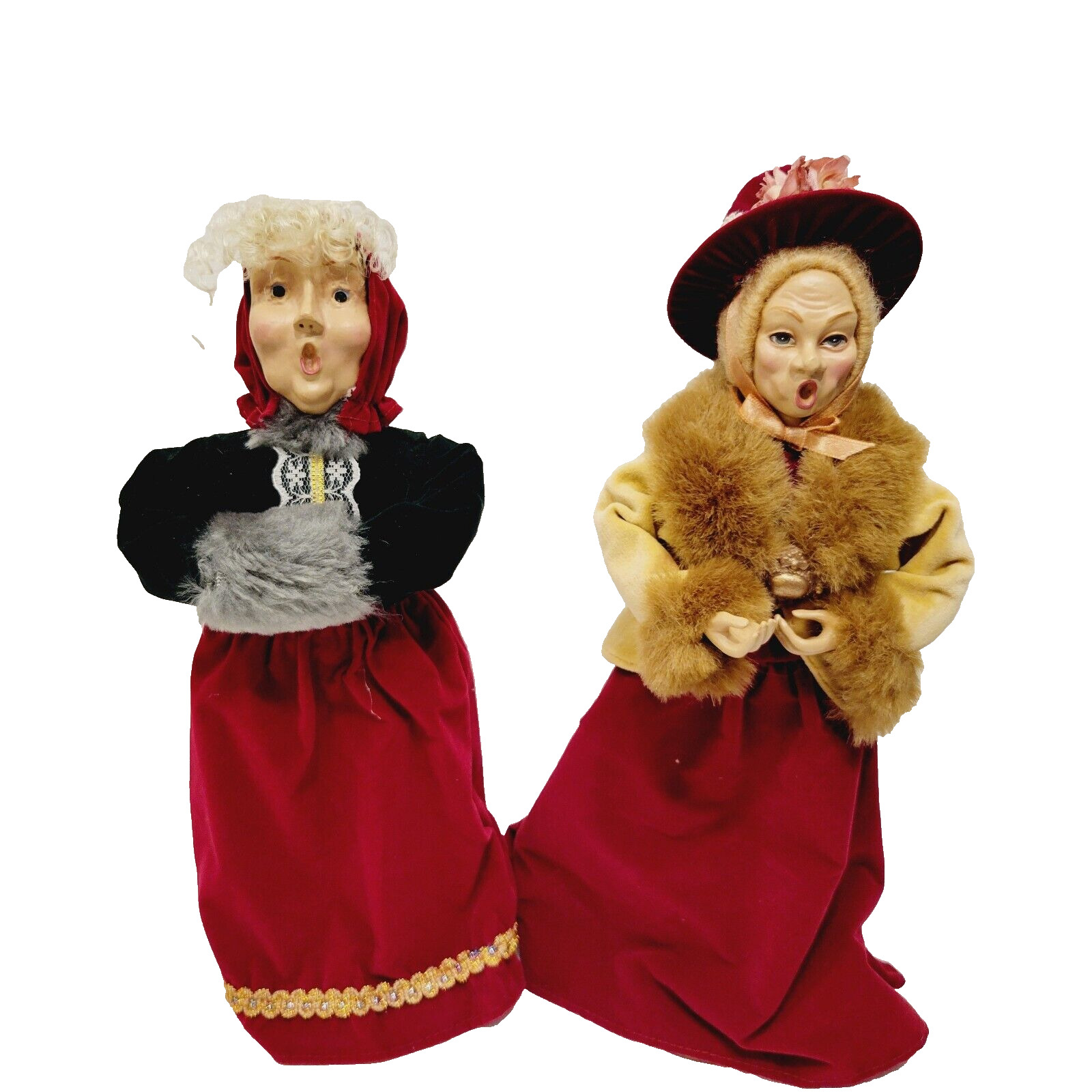 Vtg 2 Victorian Women Christmas Carolers Fancy Hat Fur Jacket Long Velvet Dress