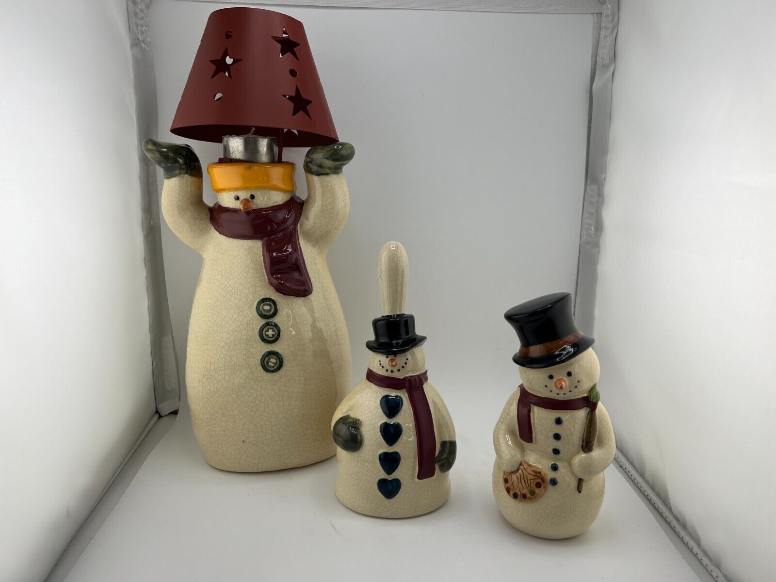 Russ Berrie and Co. Ceramic Snowman Painter, Tealight Candle Holder & Bell - Lot