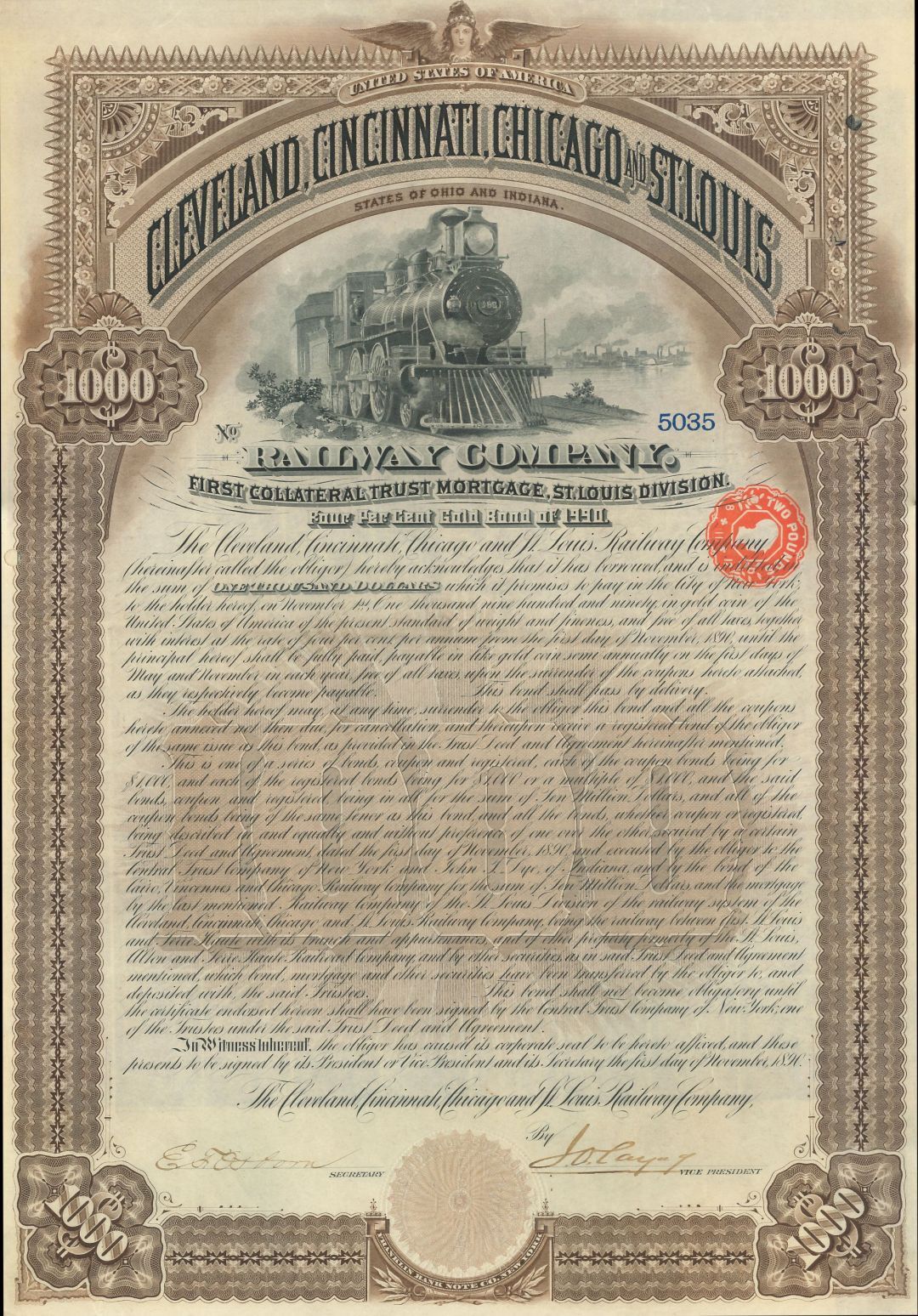 Cleveland, Cincinnati, Chicago and St. Louis Railway - $1,000 Railroad Gold Bond
