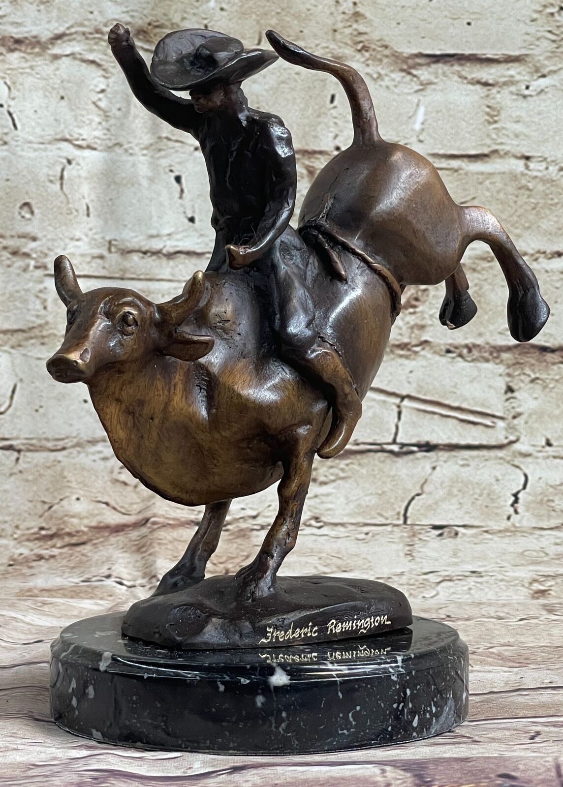 RODEO Bull Rider Cowboy Bronze Statue Sculpture Marble Base Western Decor 9\
