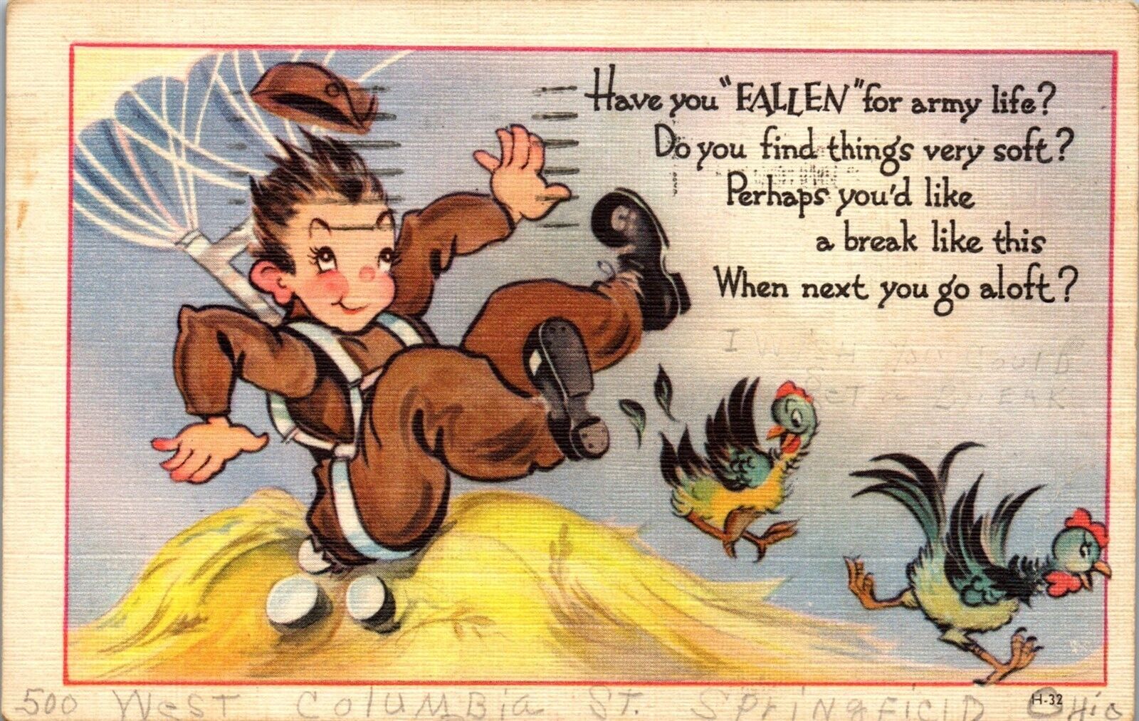 Vintage Military Humor Army Life? Poem 1942 Little Boy Paratrooper Chickens 1942