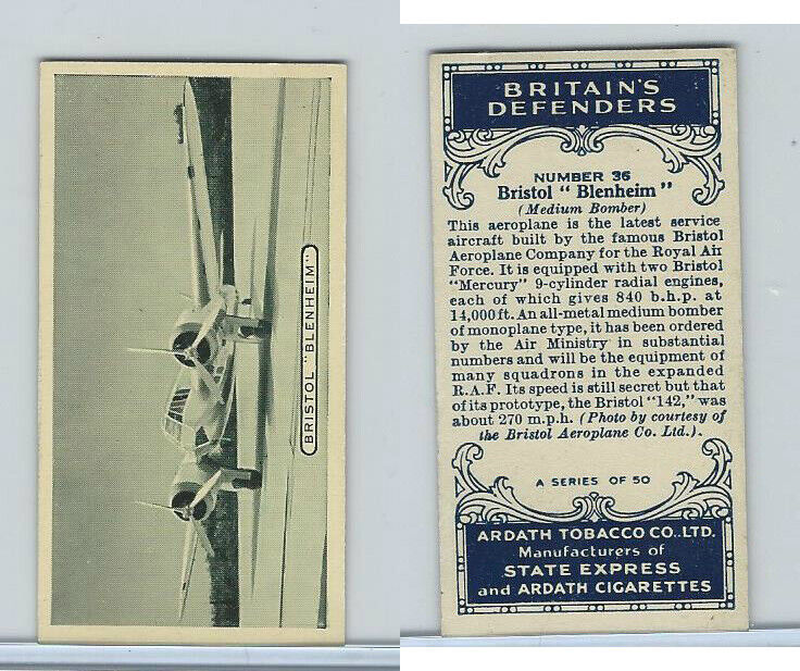 A72-14 Ardath Tobacco, Britain\'s Defenders, 1936, #36 Bristol Blenheim