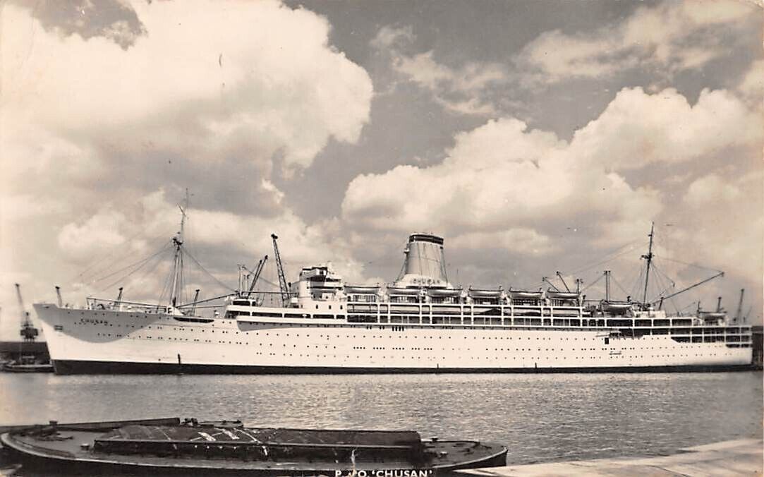 SS CHUSAN IN HARBOR ~ P & O SHIP LINE, REAL PHOTO PC ~ used Gibraltar 1956