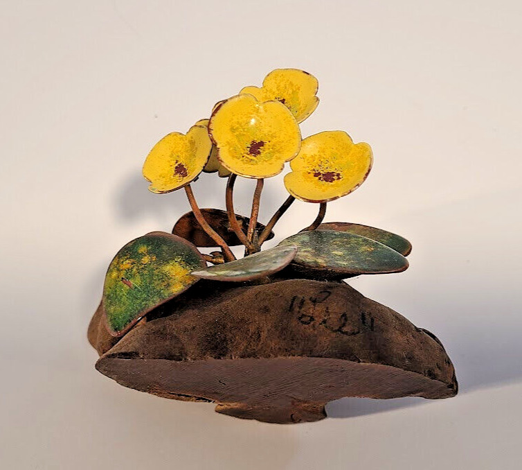 Frank Lee Copper Enamel Flowers Burl Wood Sculpture 1960s Signed