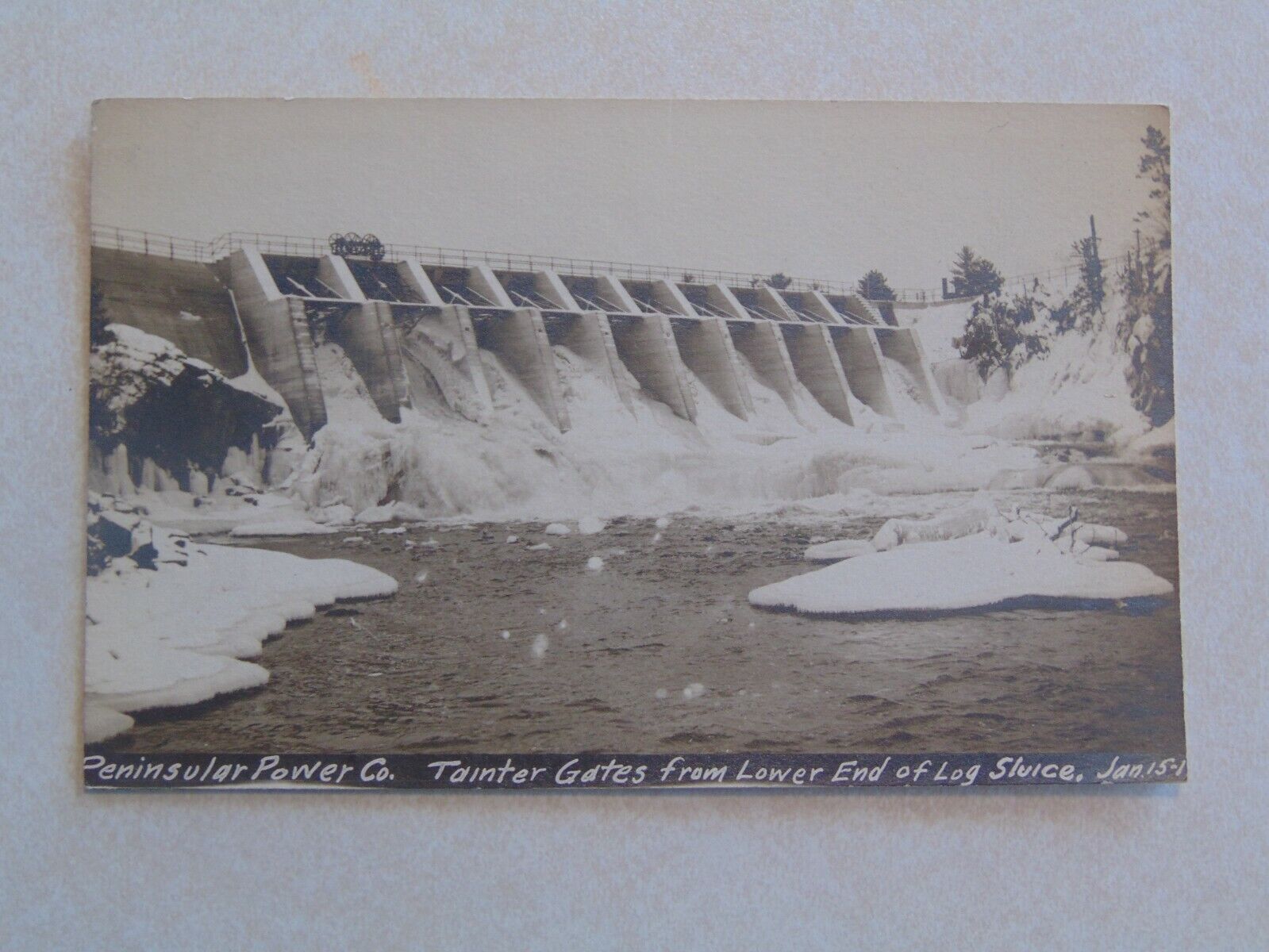 A722 Postcard RPPC Peninsular Power Co Tainter Gates Log Sluice Dam