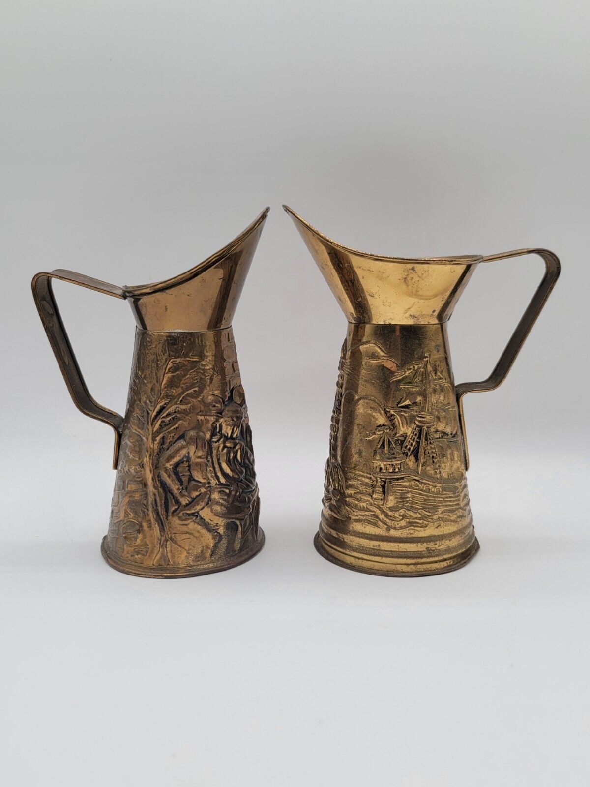 English Brass Plated Embossed Tin Pitchers / Vases Vintage Set of 2