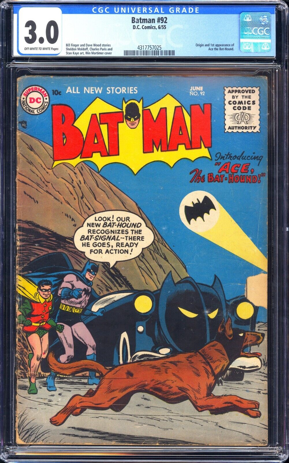 DC Batman #92 CGC 3.0 OW to W Pages 1955 - Golden Age, 1st App Ace the Bat-Hound