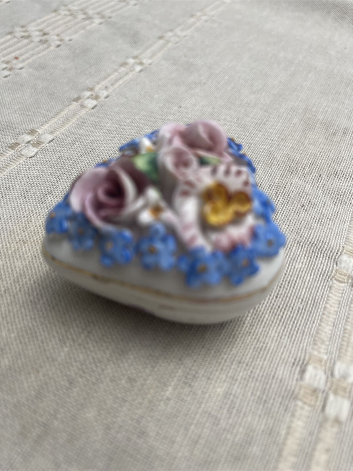Vintage Elfinware Germany Heart Shaped Porcelain Floral Trinket Box.