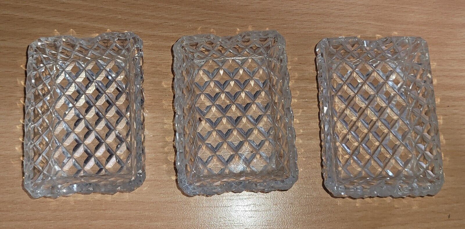 Set of 3 Vintage Rectangle Shape 4-Sided Clear Cut Crystal Glass Salt Cellars