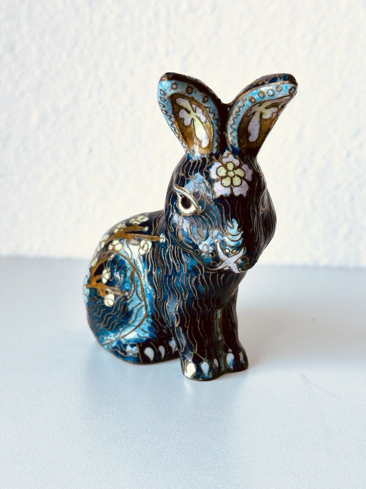 Vintage Chinese Cloisonné Hand Painted Copper Enamel Navy Blue Bunny Figurine