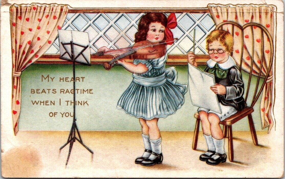 Valentine Heart Beats Ragtime Girl Playing Violin Embossed c1910 postcard HQ11
