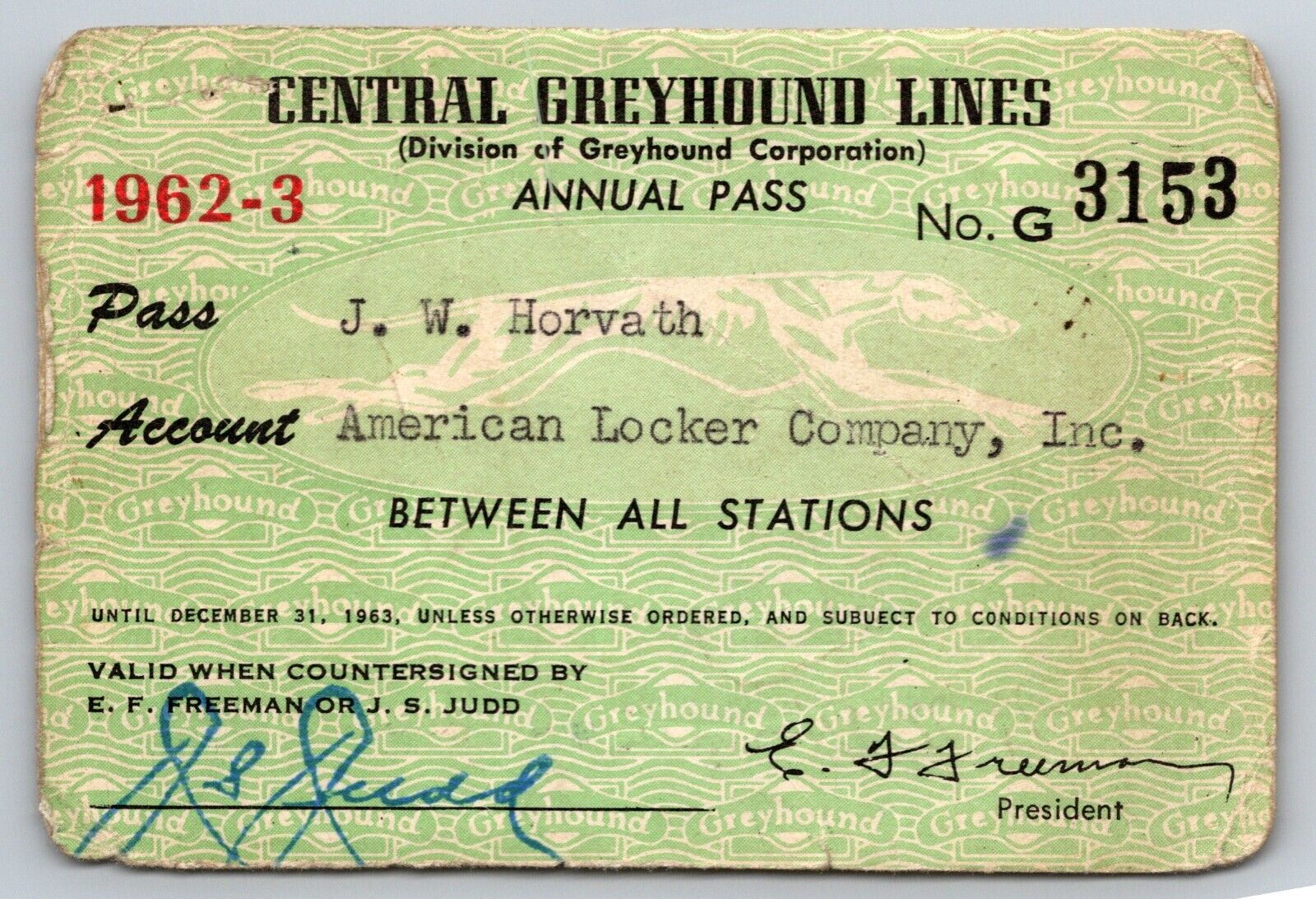 Central Greyhound Lines 1962-63 Annual / Yearly Bus Pass #3153