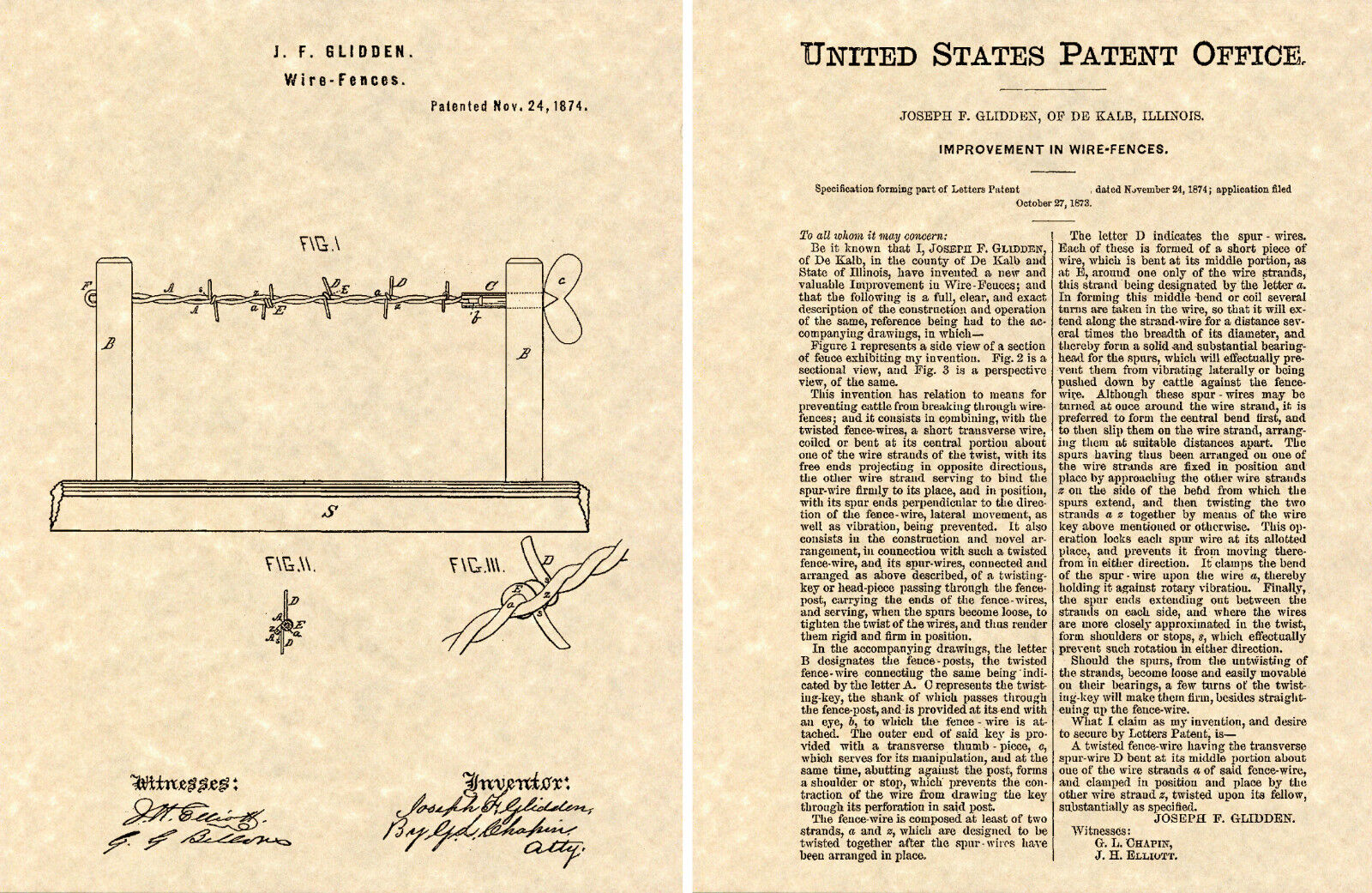 Glidden BARBED WIRE PATENT 1874 Art Print READY TO FRAME Joseph vintage US